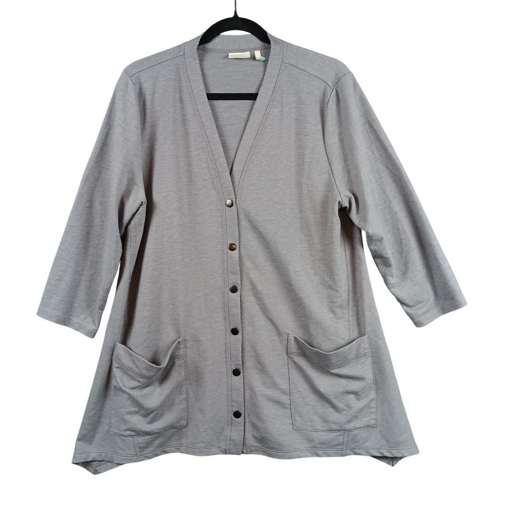 LOGO Lori Goldstein Gray Button‎ Front Jersey Knit Cardigan Size L